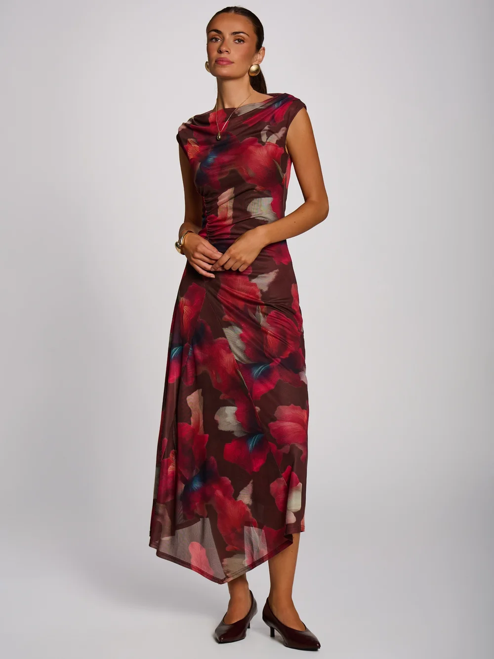 Jolie Moi Brown Floral Asymmetric Draped Mesh Maxi Dress - 10 Image 3
