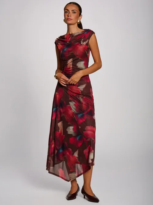 Jolie Moi Brown Floral Asymmetric Draped Mesh Maxi Dress - 10 Image 3