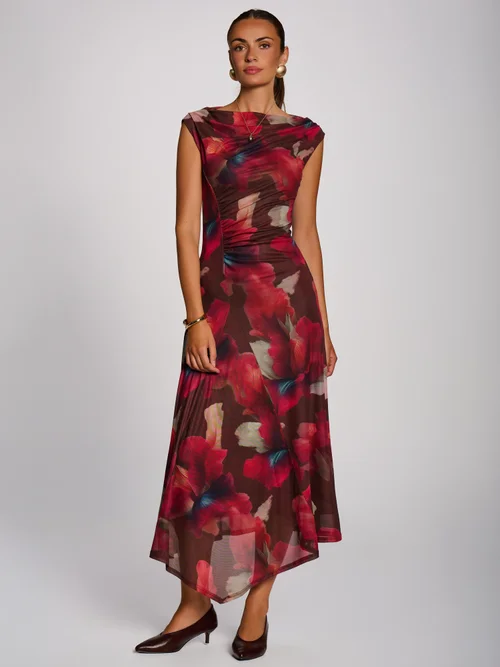 Jolie Moi Brown Floral Asymmetric Draped Mesh Maxi Dress - 10 Image 1