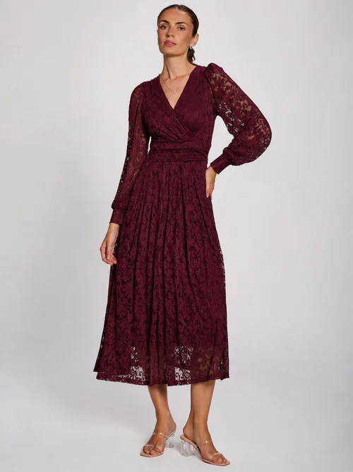 Jolie Moi Burgundy Long Sleeve Printed Lace Maxi Dress - 14 Image 1
