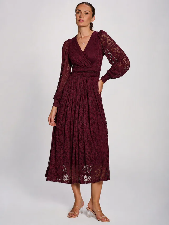 Jolie Moi Burgundy Long Sleeve Printed Lace Maxi Dress