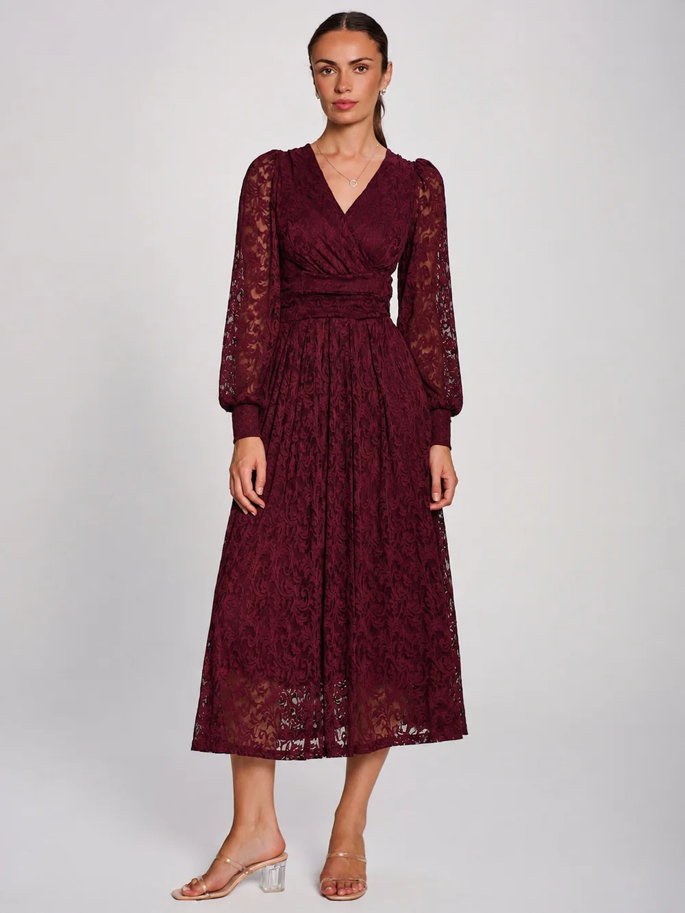 Jolie Moi Burgundy Long Sleeve Printed Lace Maxi Dress - 14 Image 5