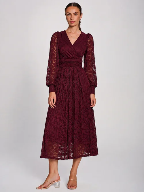 Jolie Moi Burgundy Long Sleeve Printed Lace Maxi Dress - 14 Image 5