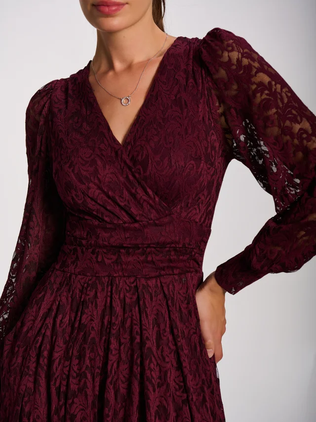Jolie Moi Burgundy Long Sleeve Printed Lace Maxi Dress