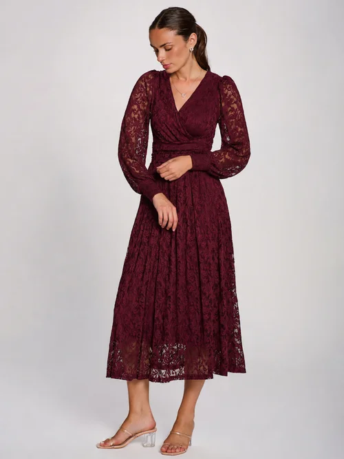 Jolie Moi Burgundy Long Sleeve Printed Lace Maxi Dress - 14 Image 3