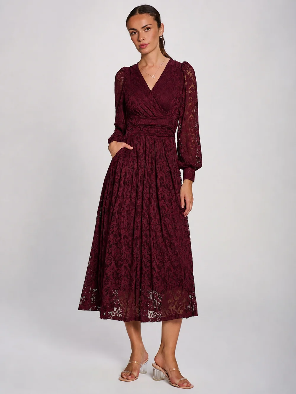 Jolie Moi Burgundy Long Sleeve Printed Lace Maxi Dress - 14 Image 4