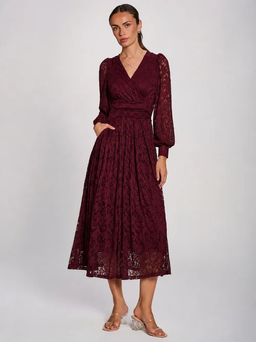 Jolie Moi Burgundy Long Sleeve Printed Lace Maxi Dress - 14 Image 4