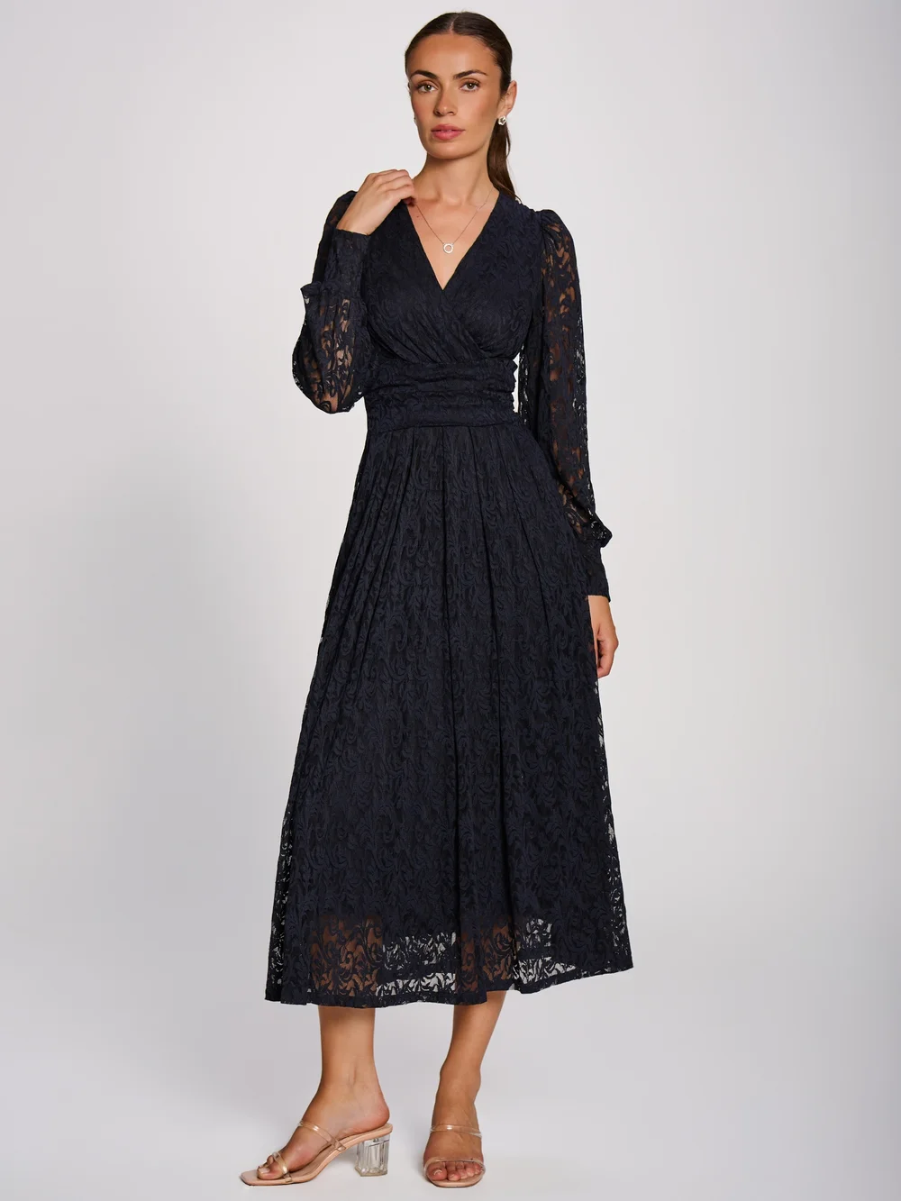 Jolie Moi Navy Long Sleeve Printed Lace Maxi Dress - 12 Image 3