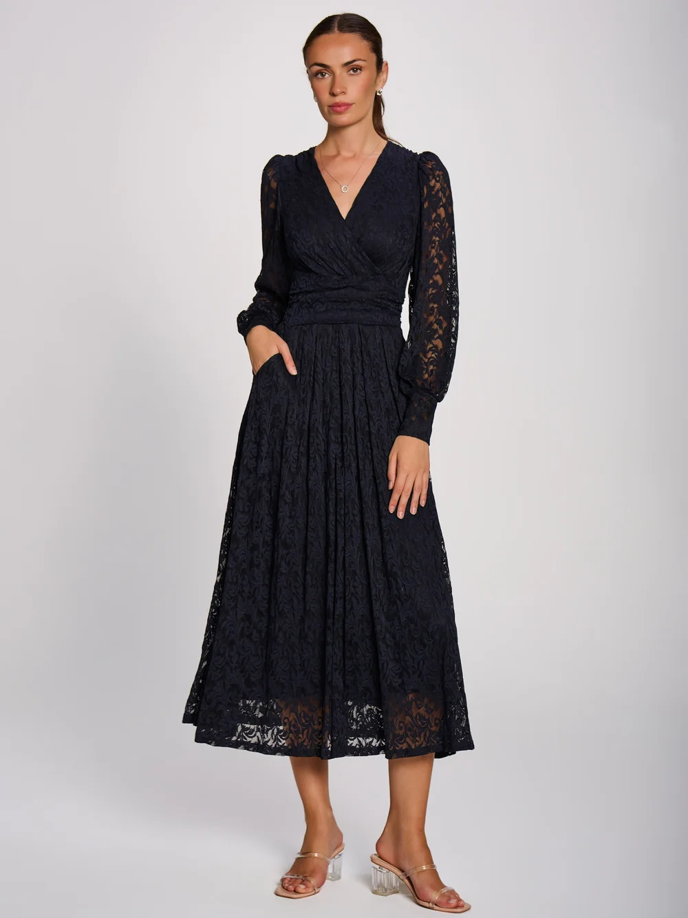Jolie Moi Navy Long Sleeve Printed Lace Maxi Dress - 12 Image 1