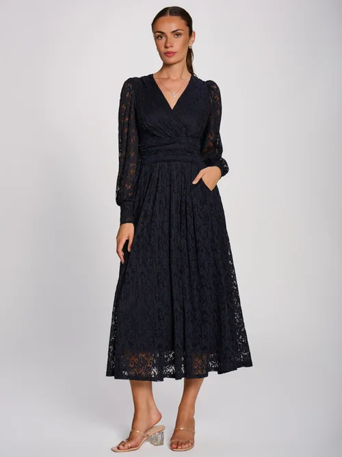 Jolie Moi Navy Long Sleeve Printed Lace Maxi Dress - 12 Image 4