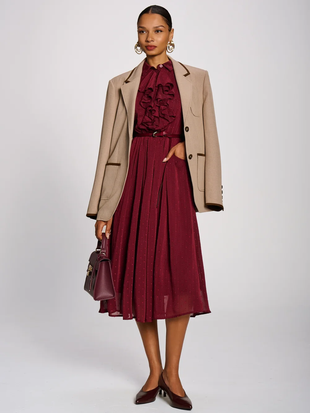 Jolie Moi Burgundy Textured Chiffon Long Sleeve Shirt Dress - 10 Image 4