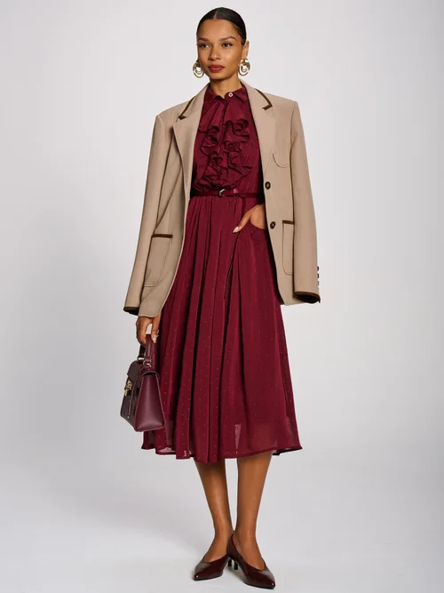 Jolie Moi Burgundy Textured Chiffon Long Sleeve Shirt Dress - 10 Image 4