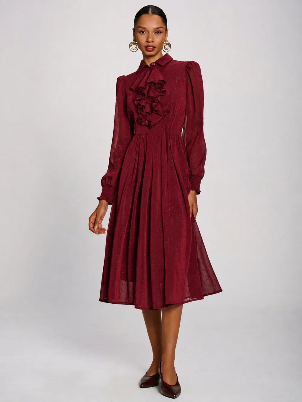 Jolie Moi Burgundy Textured Chiffon Long Sleeve Shirt Dress - 10 Image 1