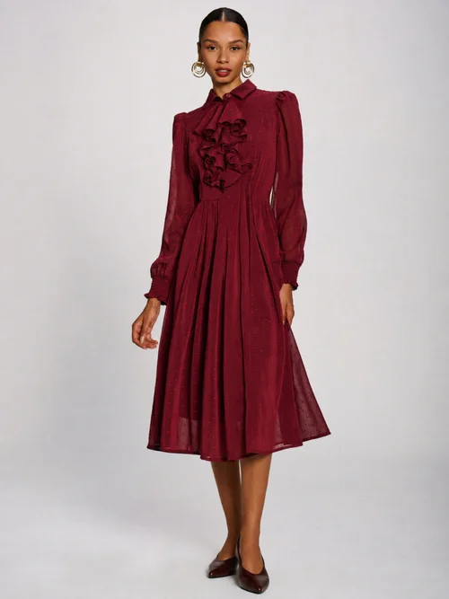 Jolie Moi Burgundy Textured Chiffon Long Sleeve Shirt Dress - 10 Image 1
