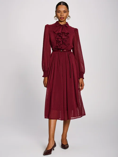 Jolie Moi Burgundy Textured Chiffon Long Sleeve Shirt Dress - 10 Image 5