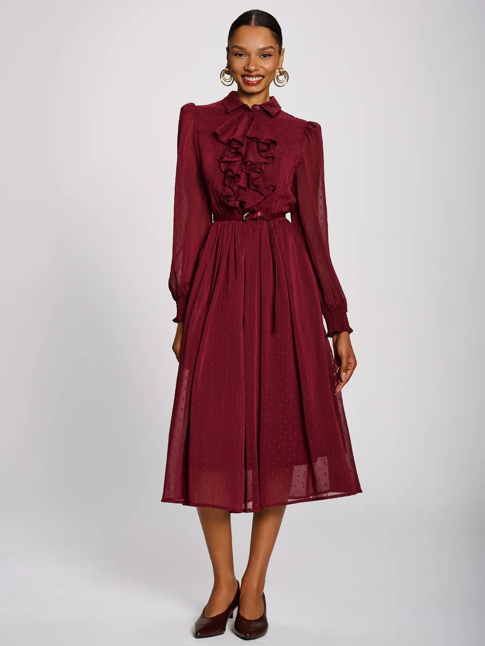 Jolie Moi Burgundy Textured Chiffon Long Sleeve Shirt Dress - 10 Image 3