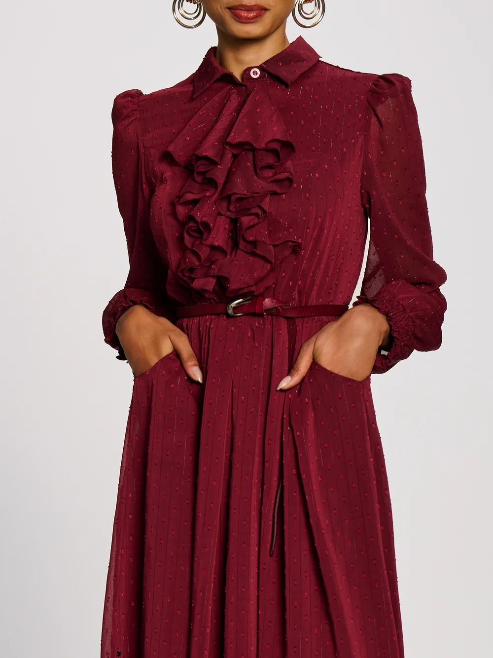 Jolie Moi Burgundy Textured Chiffon Long Sleeve Shirt Dress - 10 Image 2