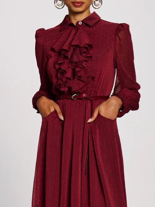 Jolie Moi Burgundy Textured Chiffon Long Sleeve Shirt Dress - 10 Image 2