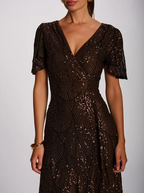 Jolie Moi Deep Chocolate Brown Sequin Angel Sleeve Flare Hem Maxi Dress - 14 Image 2