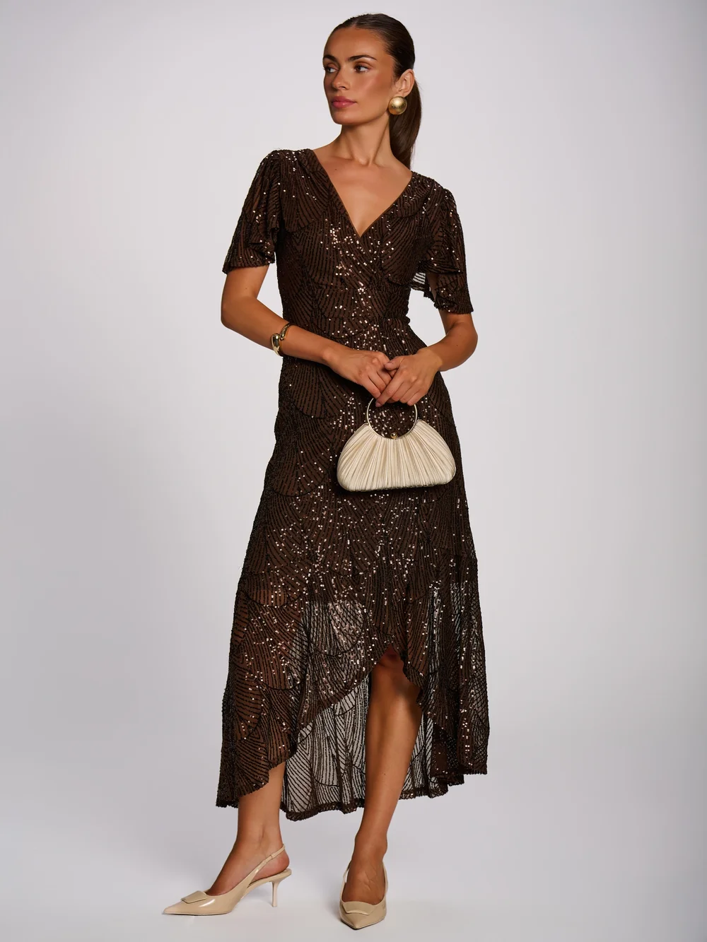 Jolie Moi Deep Chocolate Brown Sequin Angel Sleeve Flare Hem Maxi Dress - 14 Image 4