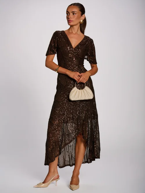 Jolie Moi Deep Chocolate Brown Sequin Angel Sleeve Flare Hem Maxi Dress - 14 Image 4