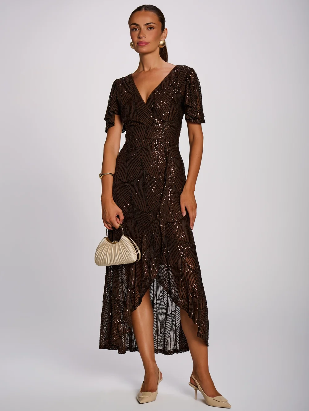 Jolie Moi Deep Chocolate Brown Sequin Angel Sleeve Flare Hem Maxi Dress - 14 Image 5