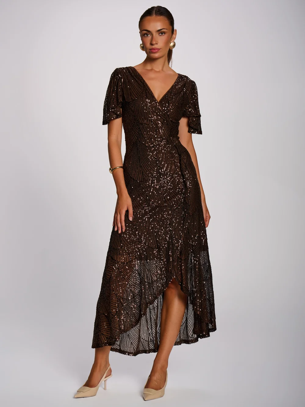 Jolie Moi Deep Chocolate Brown Sequin Angel Sleeve Flare Hem Maxi Dress - 14 Image 3