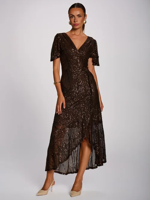 Jolie Moi Deep Chocolate Brown Sequin Angel Sleeve Flare Hem Maxi Dress - 14 Image 3