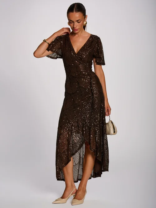 Jolie Moi Deep Chocolate Brown Sequin Angel Sleeve Flare Hem Maxi Dress - 14 Image 1