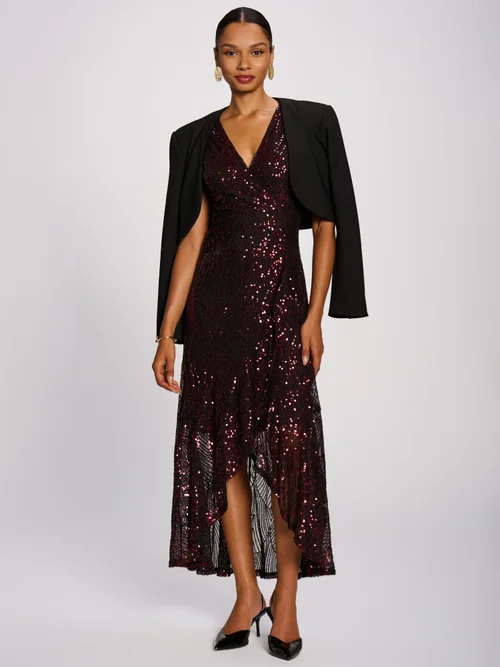 Jolie Moi Burgundy Sequin Angel Sleeve Dipped Hem Maxi Dress - 12 Image 4