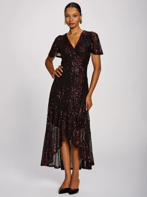 Jolie Moi Burgundy Sequin Angel Sleeve Dipped Hem Maxi Dress - 12 Image 3