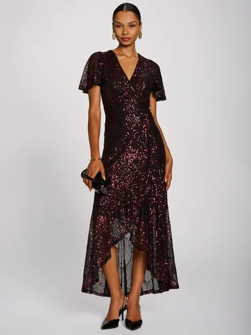 Jolie Moi Burgundy Sequin Angel Sleeve Dipped Hem Maxi Dress - 12 Image 1