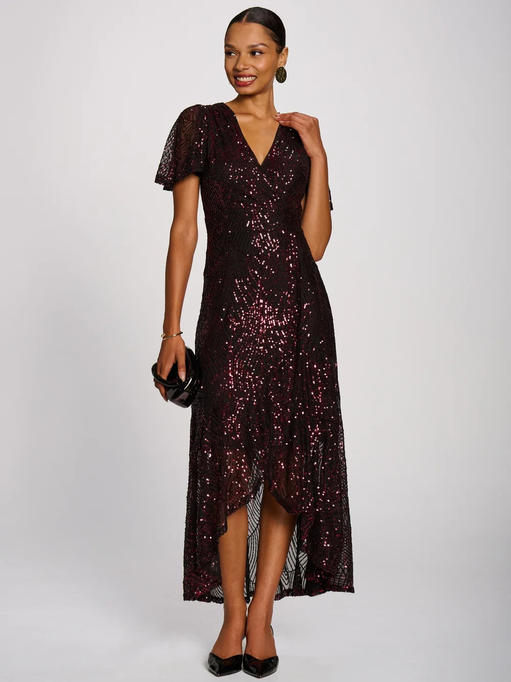 Jolie Moi Burgundy Sequin Angel Sleeve Dipped Hem Maxi Dress - 12 Image 5