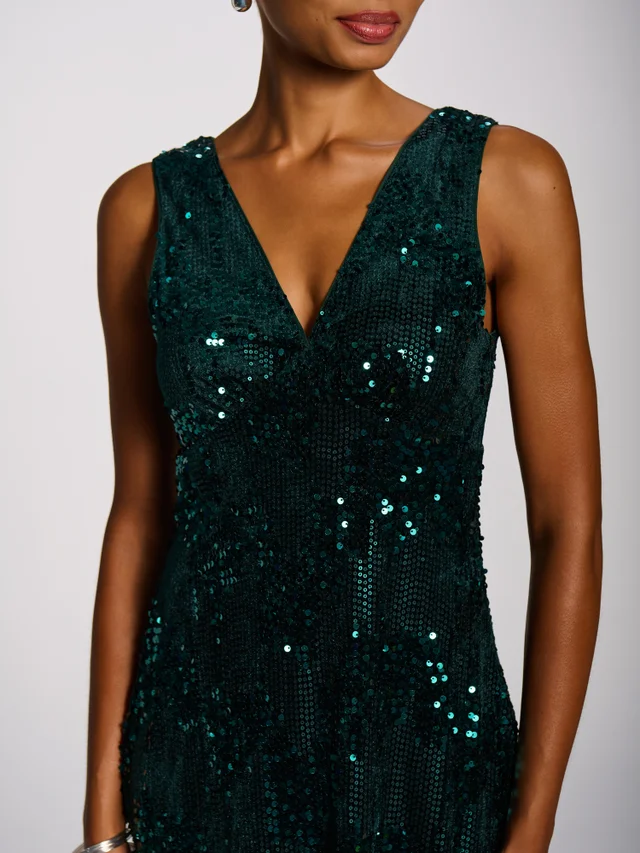 Jolie Moi Dark Green V-Neck Sequin Embellished Velvet Midi Dress