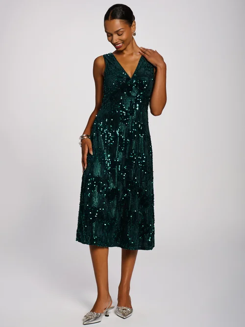 Jolie Moi Dark Green V-Neck Sequin Embellished Velvet Midi Dress - 14 Image 5