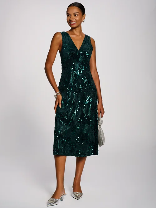Jolie Moi Dark Green V-Neck Sequin Embellished Velvet Midi Dress - 14 Image 4