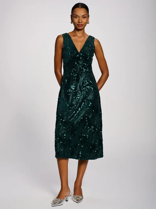Jolie Moi Dark Green V-Neck Sequin Embellished Velvet Midi Dress - 14 Image 3
