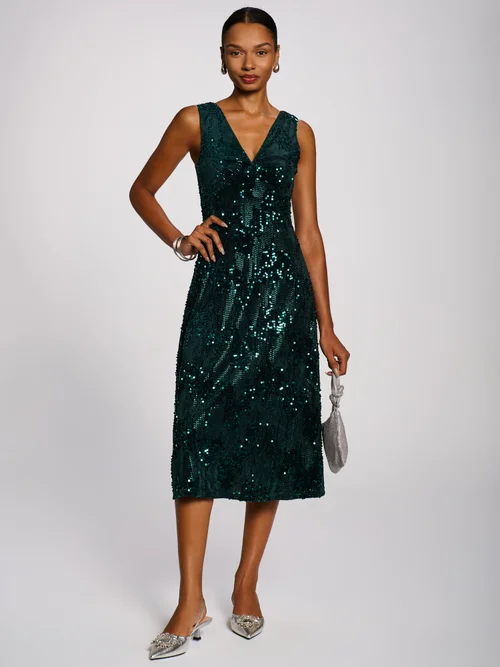 Jolie Moi Dark Green V-Neck Sequin Embellished Velvet Midi Dress - 14 Image 1