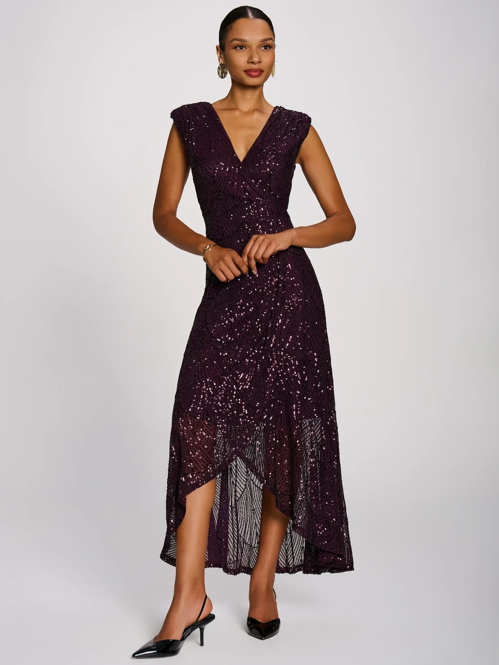 Jolie Moi Deep Plum Sequin V Neckline Maxi Dress - 18 Image 3