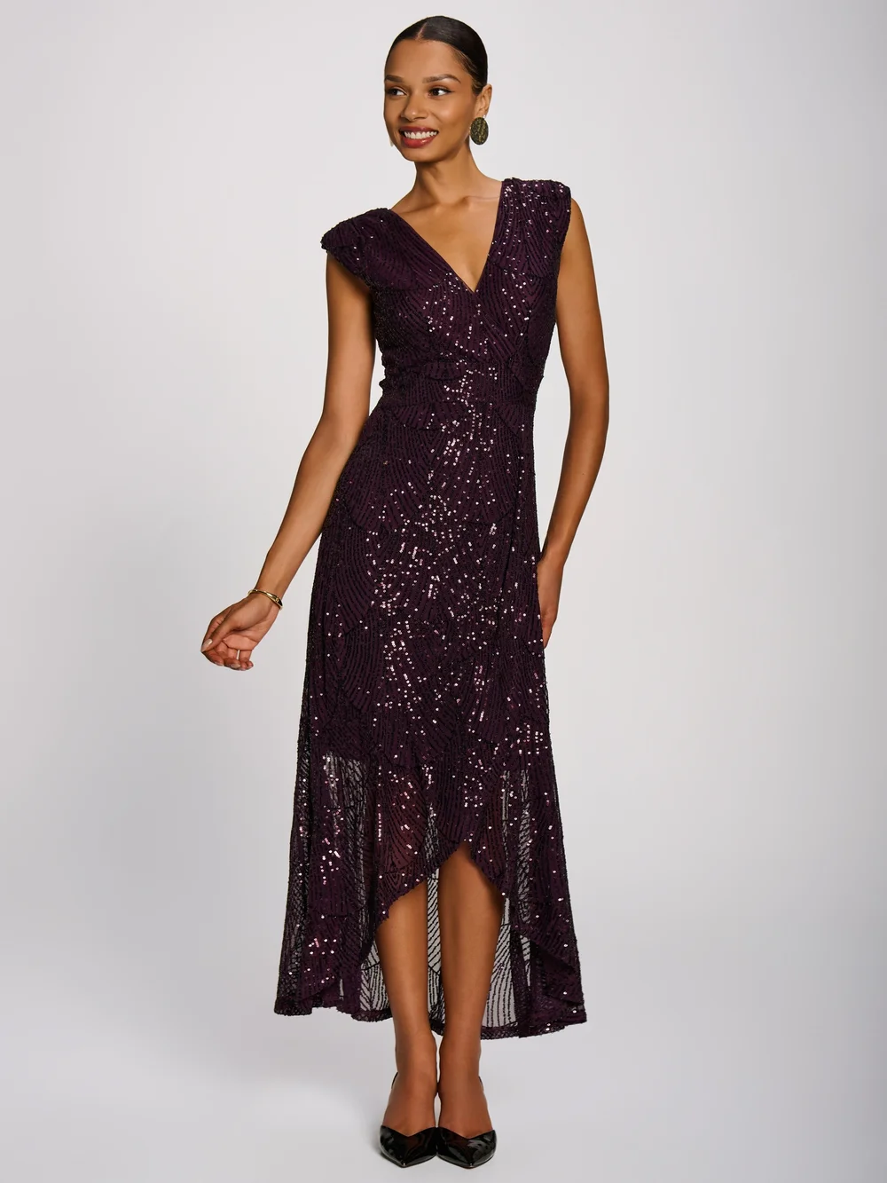 Jolie Moi Deep Plum Sequin V Neckline Maxi Dress - 18 Image 1