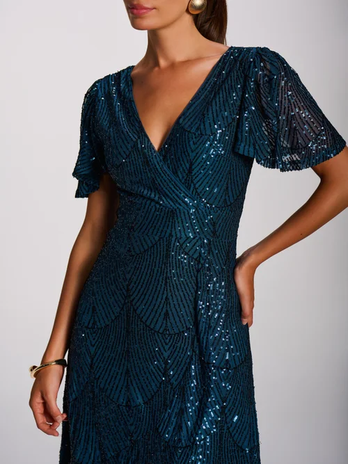 Jolie Moi Deep Teal Sequin Angel Sleeve Flare Hem Maxi Dress - 8 Image 2