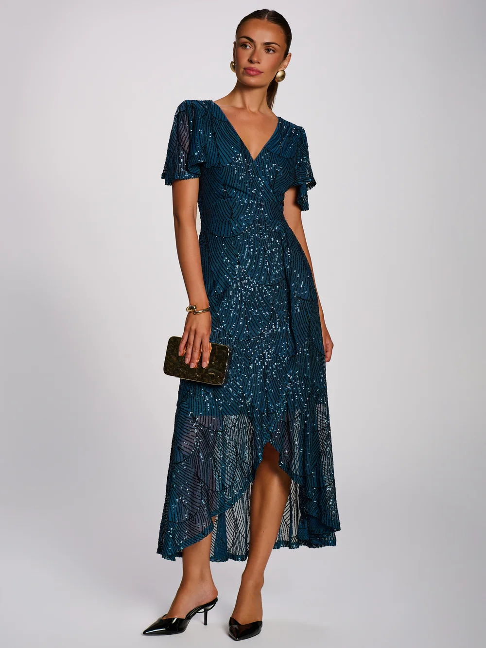 Jolie Moi Deep Teal Sequin Angel Sleeve Flare Hem Maxi Dress - 8 Image 5