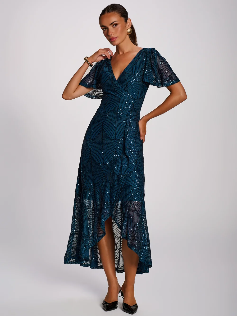 Jolie Moi Deep Teal Sequin Angel Sleeve Flare Hem Maxi Dress - 8 Image 4