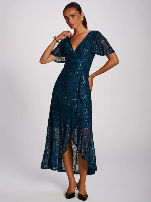 Jolie Moi Deep Teal Sequin Angel Sleeve Flare Hem Maxi Dress - 8 Image 4