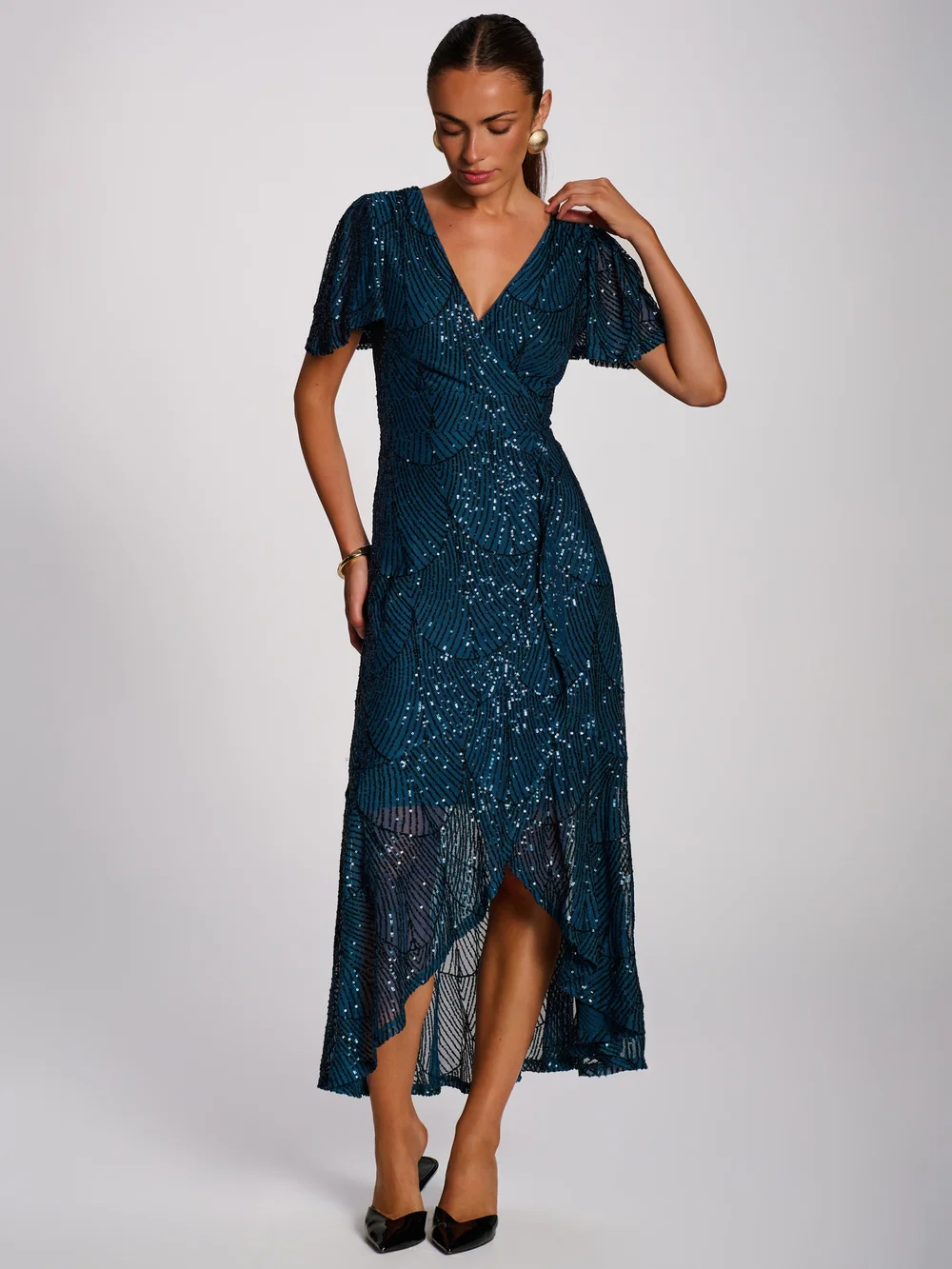 Jolie Moi Deep Teal Sequin Angel Sleeve Flare Hem Maxi Dress - 8 Image 3