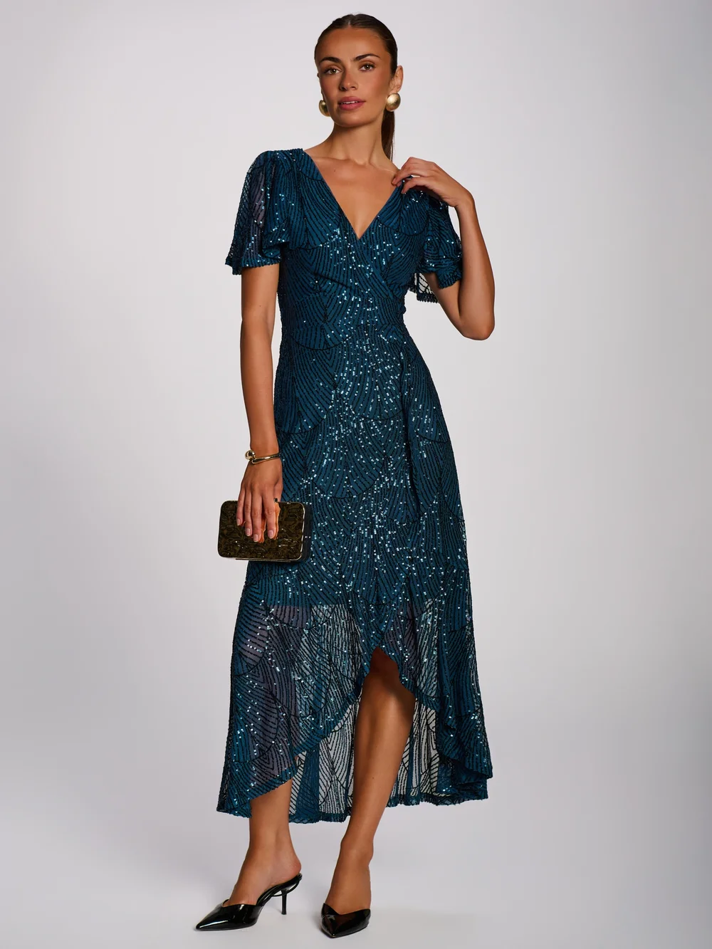 Jolie Moi Deep Teal Sequin Angel Sleeve Flare Hem Maxi Dress - 8 Image 1