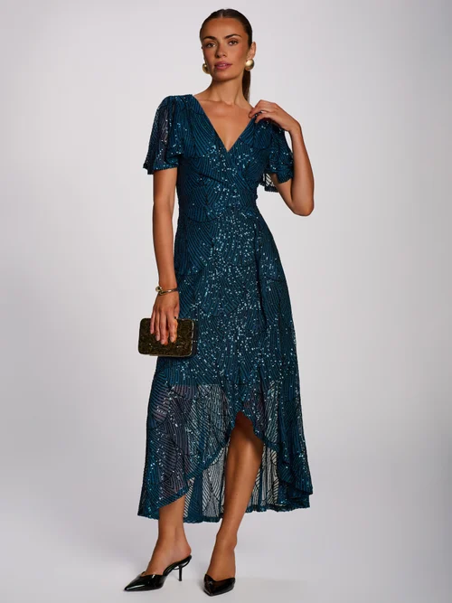 Jolie Moi Deep Teal Sequin Angel Sleeve Flare Hem Maxi Dress - 8 Image 1