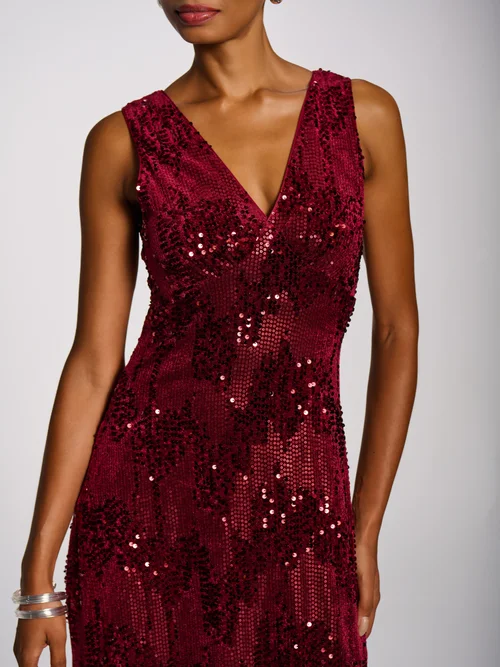Jolie Moi Fuchsia V-Neck Sequin Embellished Velvet Midi Dress - 14 Image 2