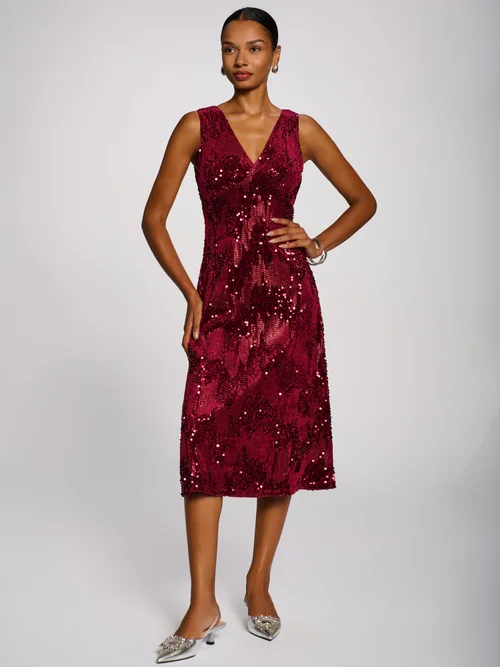 Jolie Moi Fuchsia V-Neck Sequin Embellished Velvet Midi Dress - 14 Image 3