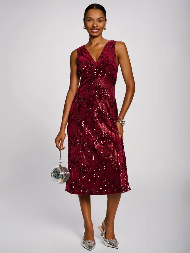 Jolie Moi Fuchsia V-Neck Sequin Embellished Velvet Midi Dress